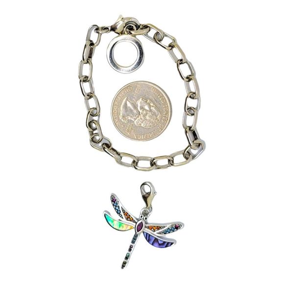 925 Sterling Silver Round Created Ruby Gemstone MOP Dragonfly Charm Bracelet 7" - Picture 4 of 9